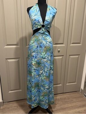 Blue Tropical Halter Maxi Dress with Ring Detail